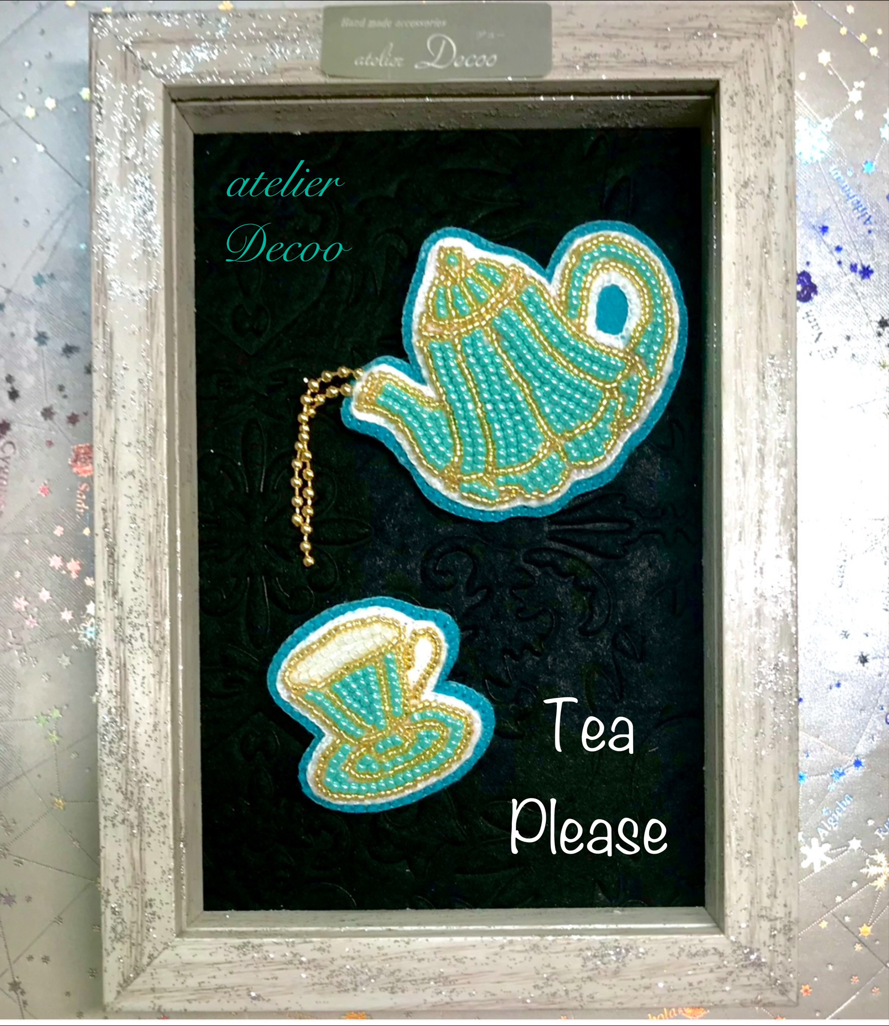 (受注制作)ティーセットのビーズ刺繍ブローチ(Tea please no.3)