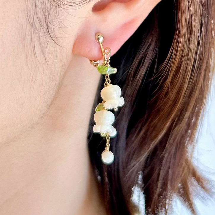 k14gf 幸せのすずらんピアス　ホワイトデー　和装　春　誕生石【受注制作】