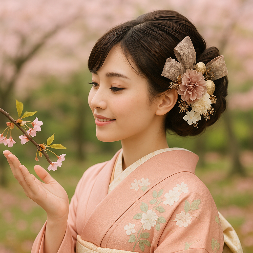 【成人式・結婚式】くすみピンク ダリア髪飾り｜刺繡リボンと気品のヘッドドレス　和装ドレス兼用　上品髪飾り　凛と