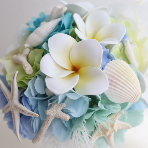 ウェディングブーケ＊ヒトデとプルメリアの青い海に恋するマーメイド