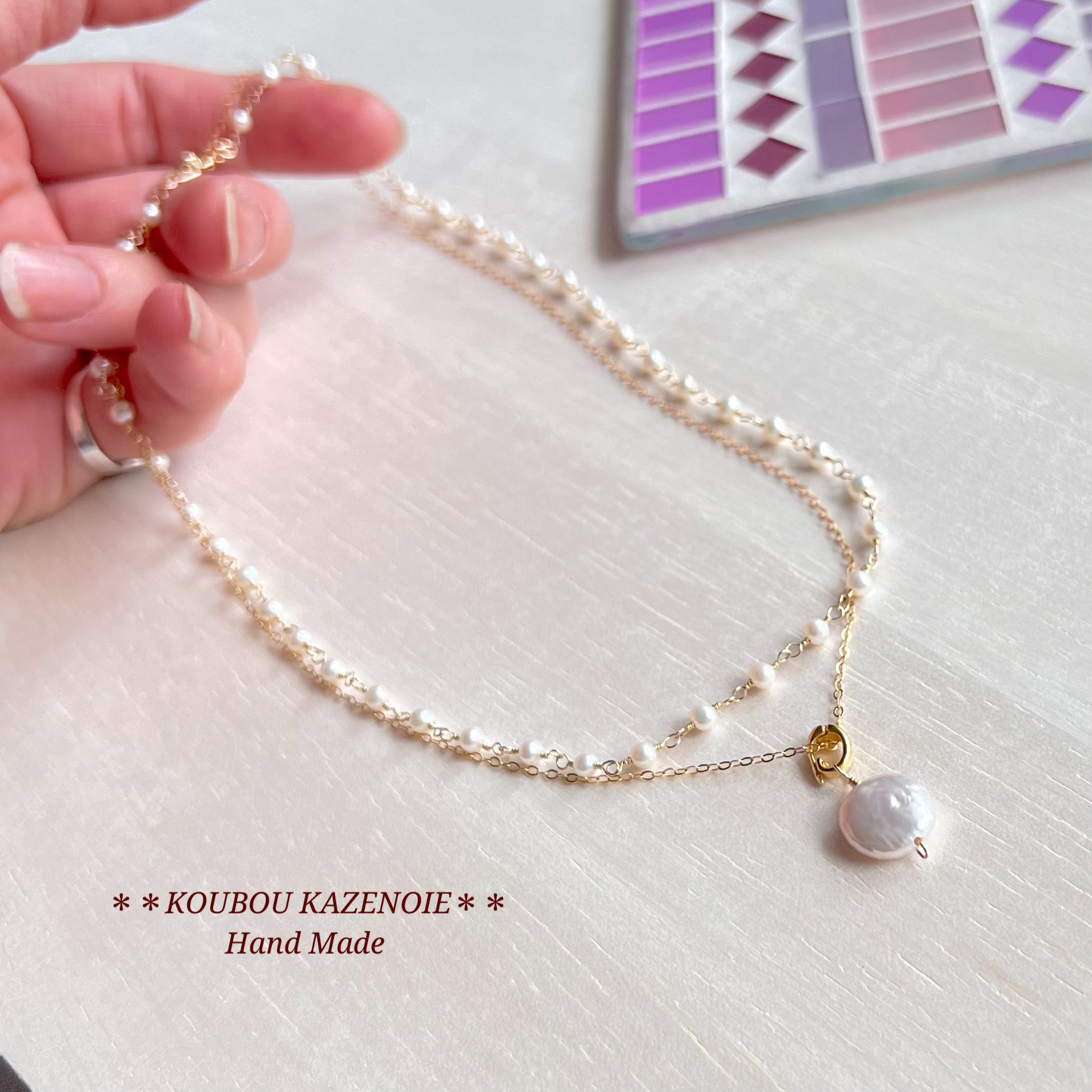 14kgf◆2本セット◆一粒コインパール&淡水ベビーパール(ホワイト)チェーンネックレス　受注制作
