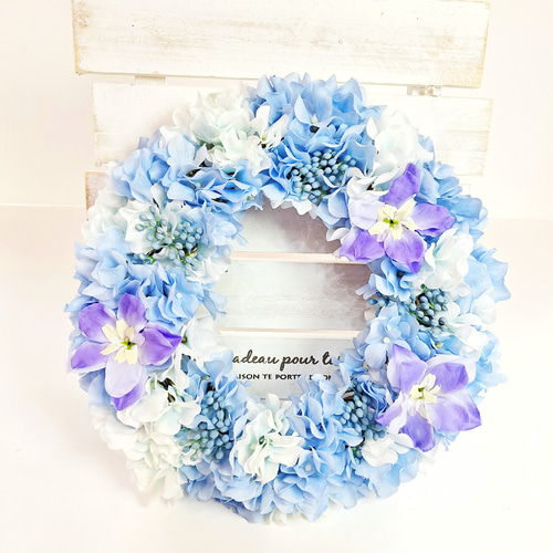 青薔薇とアジサイの夏リース☆玄関リース☆造花リース☆アーティフィシャルフラワー 0_3997399bfd51e5a2f5b6b6728037