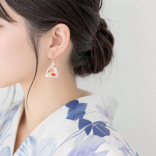 【018】金魚のピアス／イヤリング／金魚／夏／お祭り 数量限定】金魚すくい ピアス イヤリング 浴衣 夏祭り イヤリング