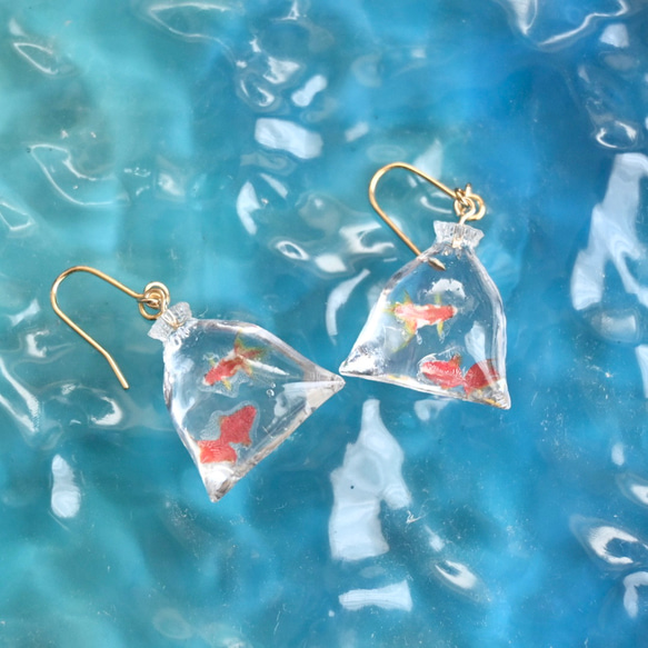 【1131】金魚掬いの巾着ピアス／イヤリング 数量限定】金魚すくい ピアス イヤリング 浴衣 夏祭り イヤリング