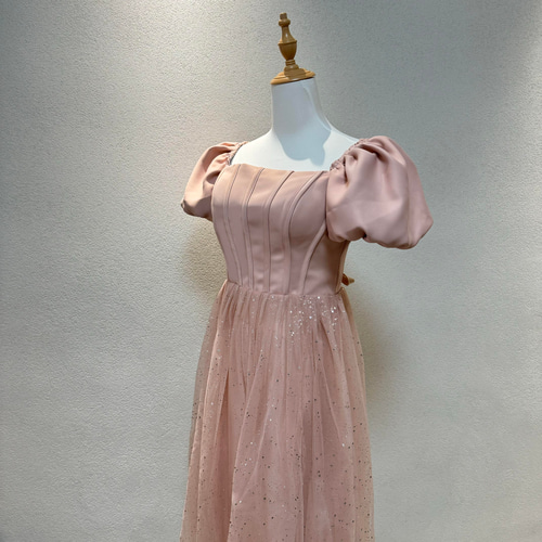 レース ワンピース ドレス パフスリーブ ロング Aライン ピンク XS-Lサイズあり【SETTAN/セッタン】フラワーレース/ ドット