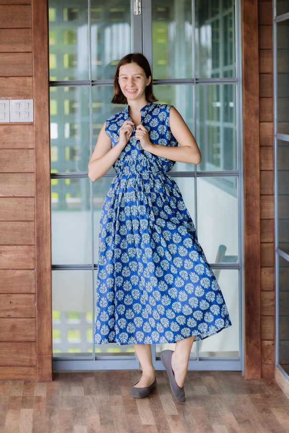 美品✨ヌキテパ ロングワンピース カシュクール インド綿 ギャザー ブルー 美品✨ヌキテパ ロングワンピース カシュクール インド綿