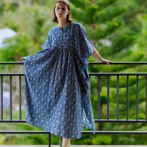 インド綿スクリーンプリントビッグスリーブワンピース ワンピース  