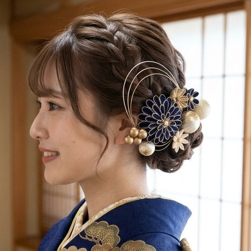 つまみ細工 成人式用髪飾り 成人式 髪飾り 卒業式 結婚式 和装 結納 紺