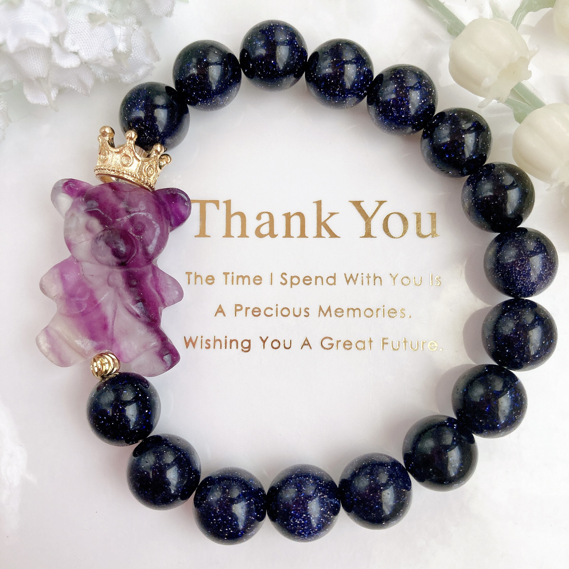 フローライト王冠くまちゃんブルーゴールドストーン天然石ブレスレット