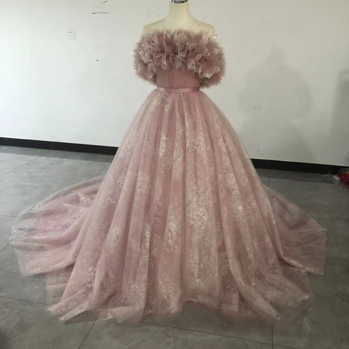 高品質！ピンク カラードレス オフショルダー キラキラグリッター  