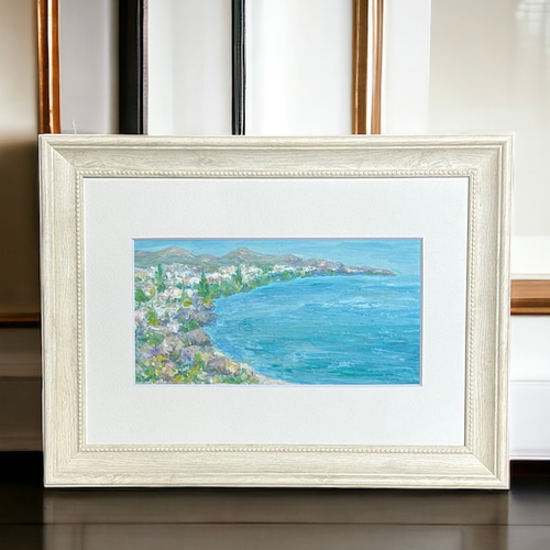 油絵 絵画 【海中風景】 海の風景画、雲のある青い海の絵、海の絵、海のアート、手作りの