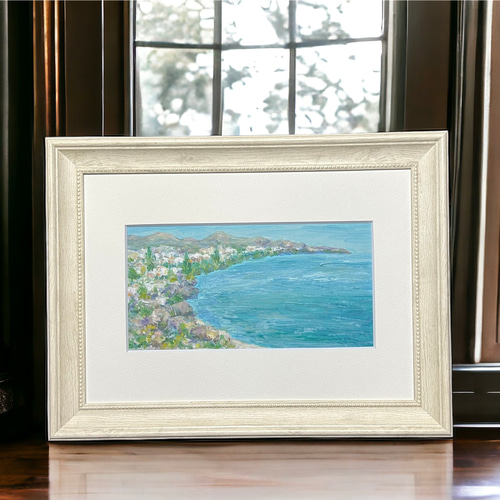 【真作】絵画　油彩0号　地中海の風景画　青い海の見える街　W149 真作】絵画 油彩0号 地中海の風景画 青い海の見える街 W149
