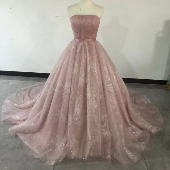 高品質！ピンク カラードレス ベアトップ キラキラグリッターチュール  