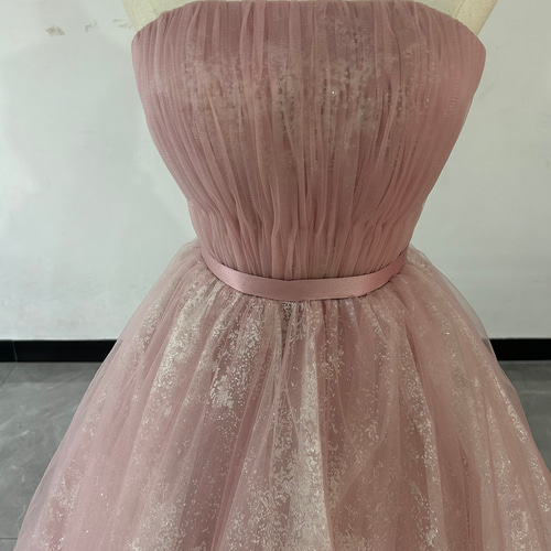 高品質！ピンク カラードレス ベアトップ キラキラグリッターチュール  