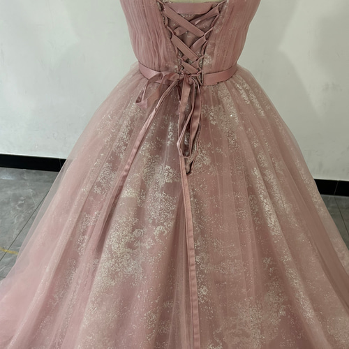 高品質！ピンク カラードレス ベアトップ キラキラグリッターチュール  