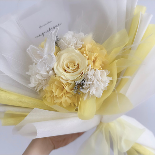 イエロー系 ふんわり♡蝶々舞う花束 ラッピングブーケ ドライフラワー