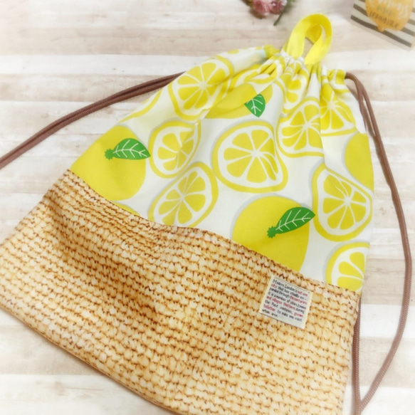 レモン柄撥水ナイロンオックス♪体操着入れナップサック（アイボリー