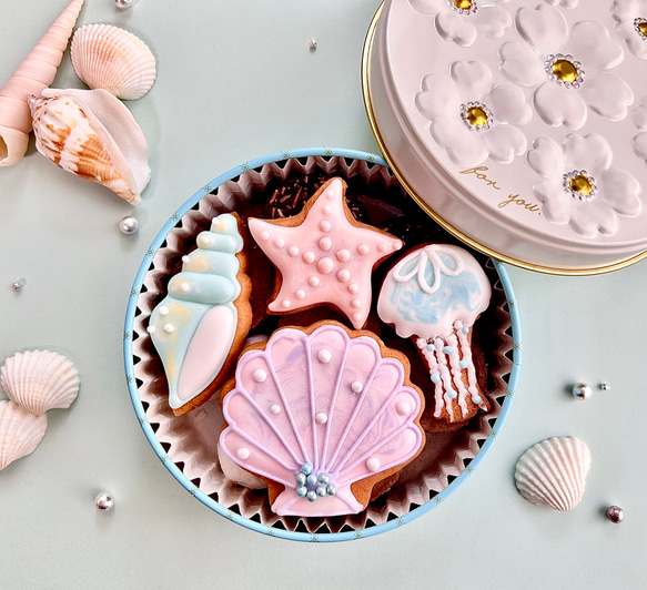 お誕生日やお礼ギフトに♡貝殻アイシングクッキー缶 1枚目の画像