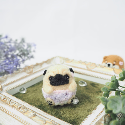 【別倉庫からの配送】 受注製作】紫陽花パンツのまゆパグの赤ちゃん(フォーンパグ・黒 フェルト