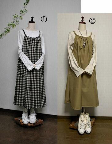 値下げ↓福袋　2枚セット リネン混ブロックチェック&リネン混ベージュ ワンピース　エプロン マキシ丈