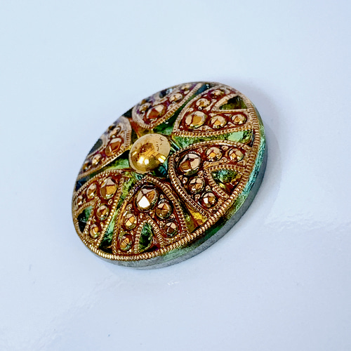 チェコガラスカボション 馬蹄 ピンク/紫/ゴールド 27mm ボタン kopec