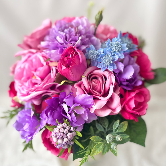 ウェディングブーケ（ピンク✕紫）　ブートニア付き パープル&ピンク》高級感も！落ち着きピンク紫系の大人色ブーケ 披露宴