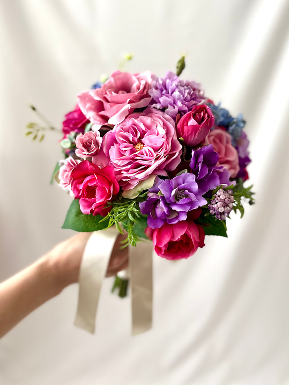 『10/6まで限定値下げ』当日写真あり プリザーブドフラワー ブーケ ピンク紫赤 パープル&ピンク》高級感も！落ち着きピンク紫系の大人色ブーケ 披露宴