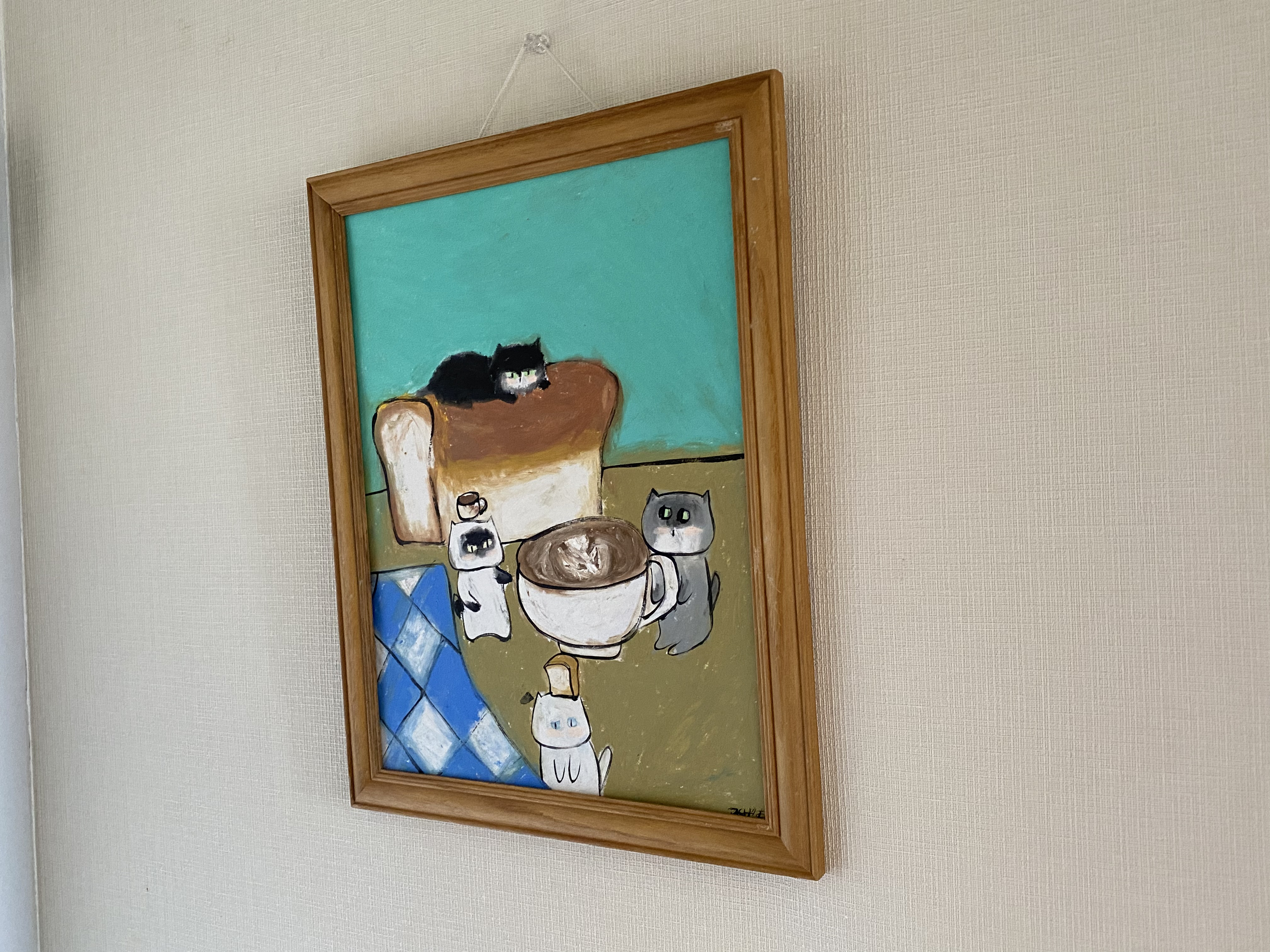 絵画。原画手描【週末、猫ちゃんたちのコーヒーとパンのパーティー