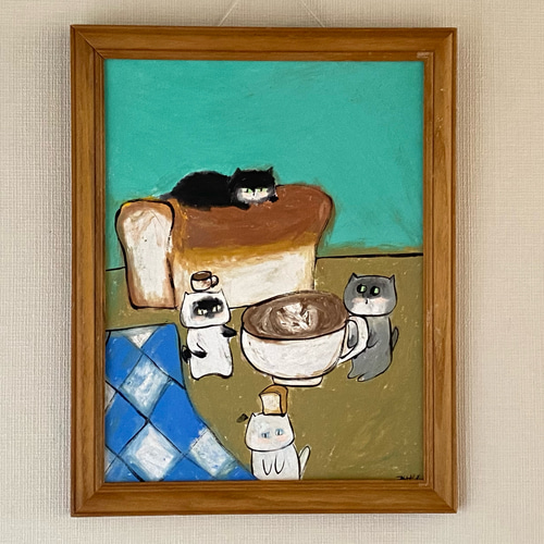 絵画。原画手描【週末、猫ちゃんたちのコーヒーとパンのパーティー】 絵画。原画手描【週末、猫ちゃんたちのコーヒーとパンの