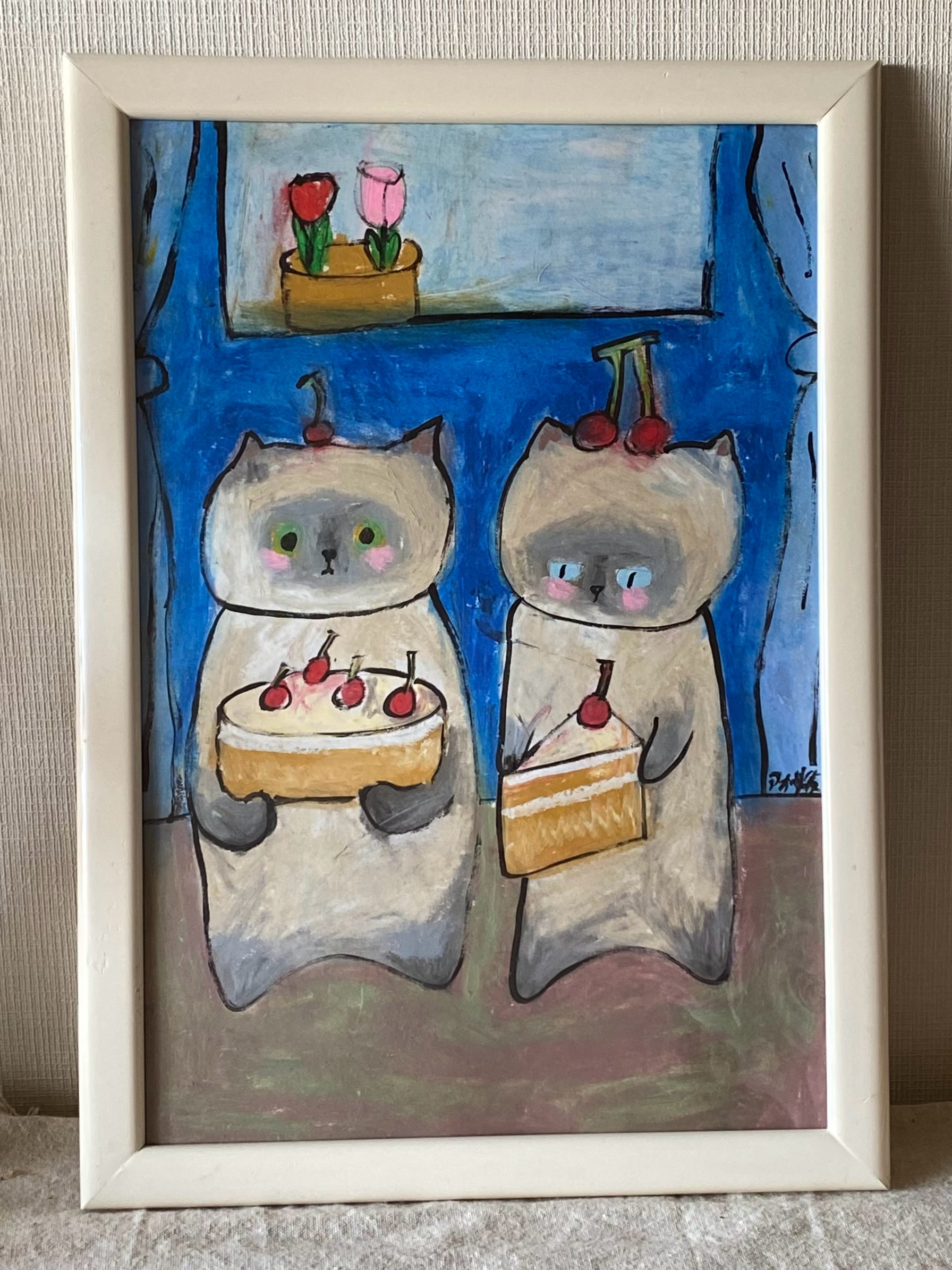 2025特集 絵画。原画手描【シャム猫たちはデート記念日のためにさくらんぼ 絵画