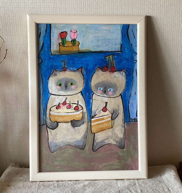 絵画。原画手描【シャム猫たちはデート記念日のためにさくらんぼケーキを用意した】 絵画。原画手描【シャム猫たちはデート記念日のためにさくらんぼケーキ