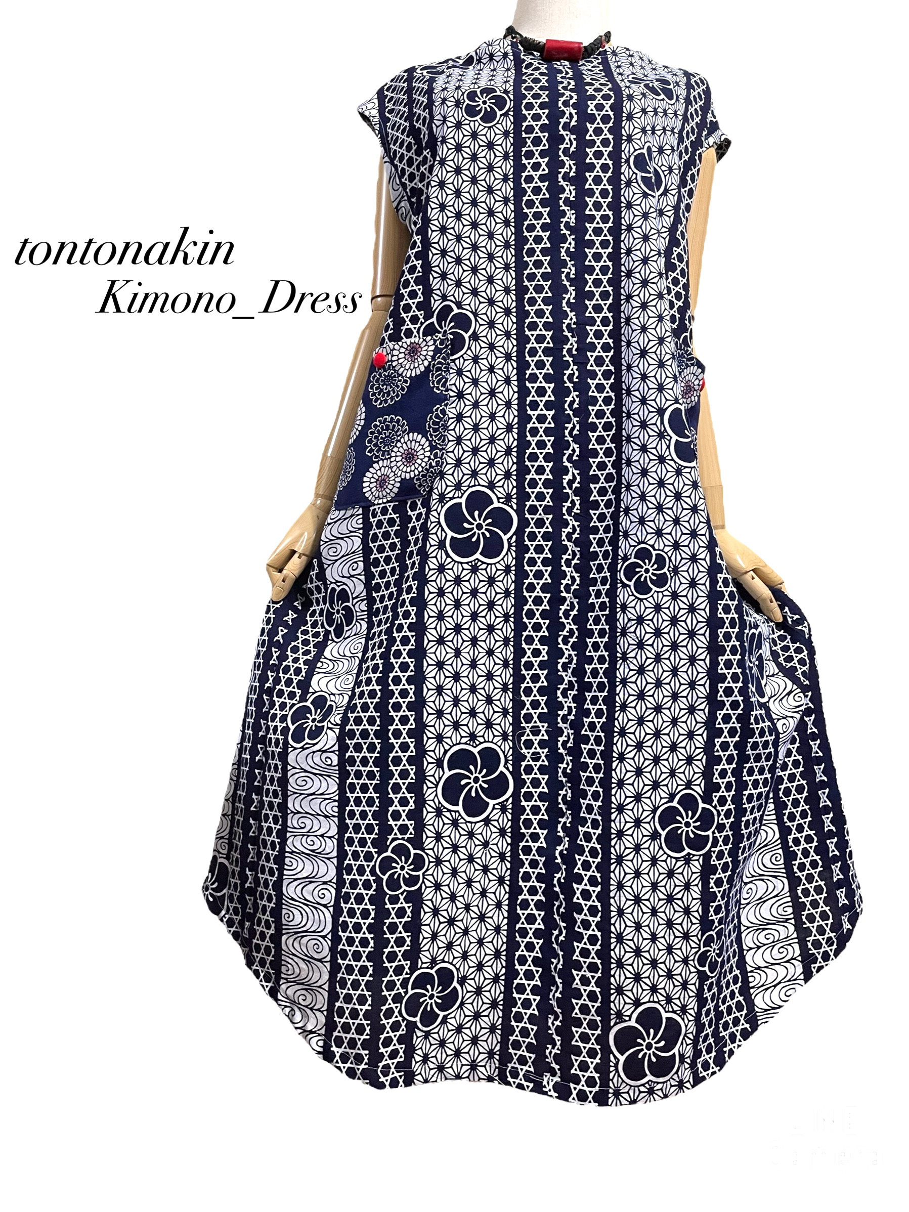 着物リメイク　新品　綿浴衣　ロングワンピ＊チョーカー＊トートバッグ3点セット