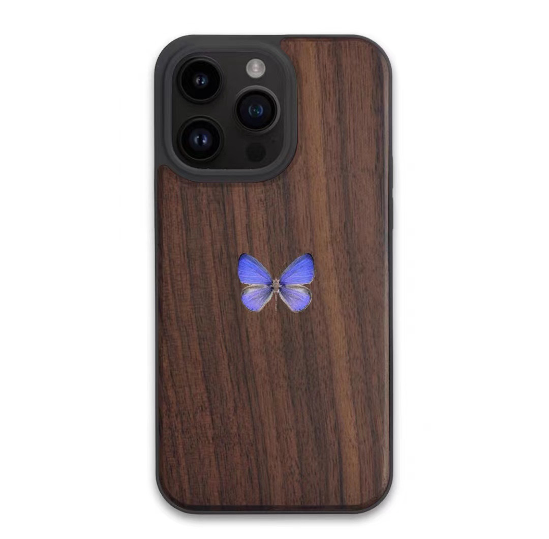 木製iPhone15 14 13 12 Pro max ケース 米国 胡桃の木 名入れ 蝶 標本 シェル スマホケース