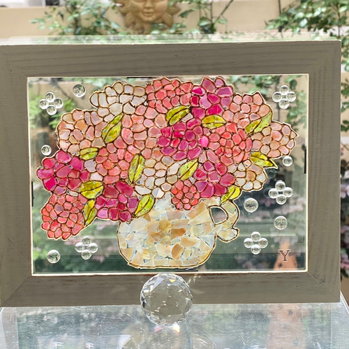 シェルアートフレームꕤ 片耳花瓶の暖色系フラワーインテリアフレーム