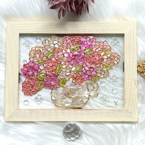 シェルアートフレームꕤ 片耳花瓶の暖色系フラワーインテリアフレーム