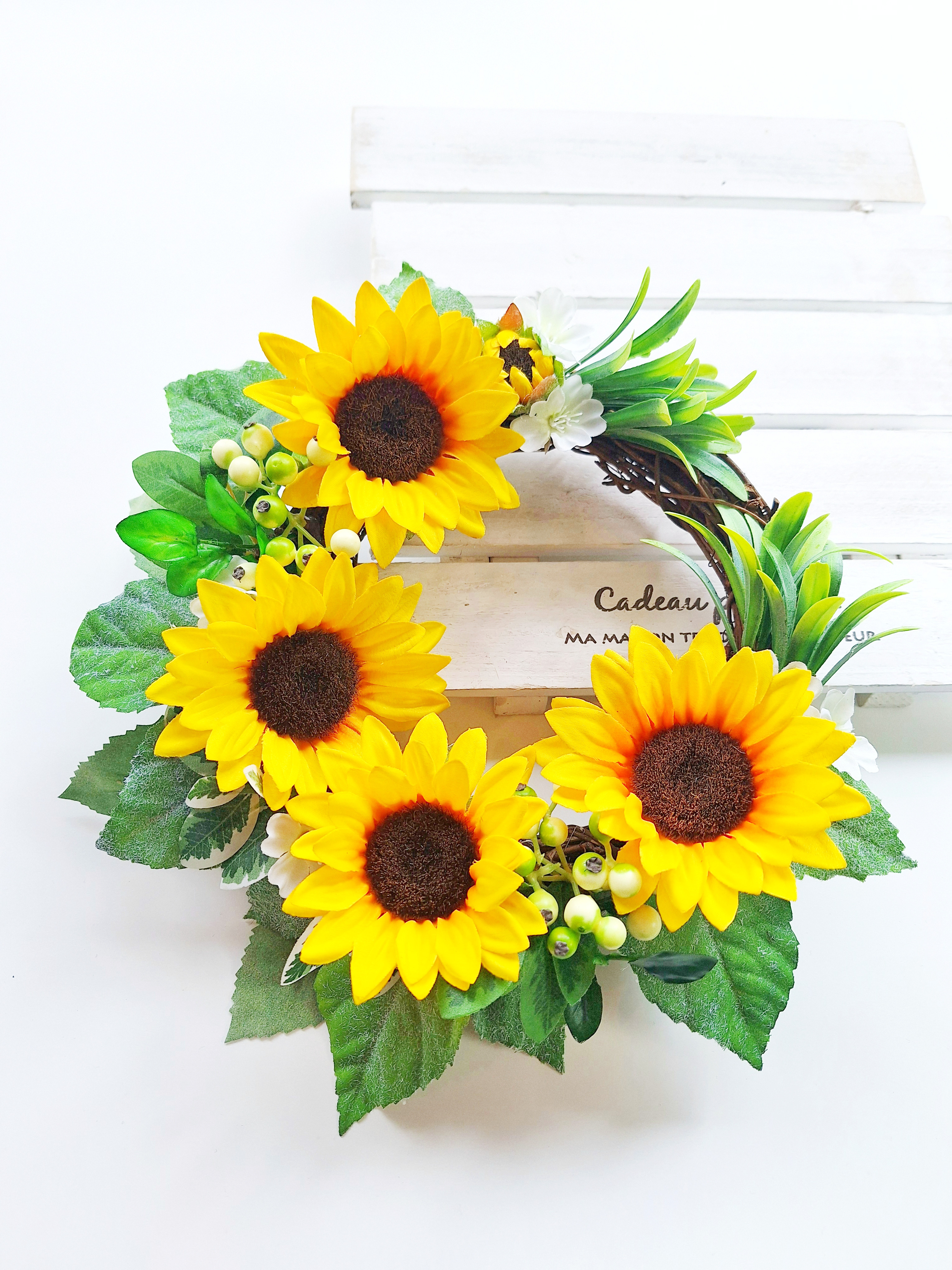 ひまわりとグリーンの夏リース/アーティフィシャルフラワー/送別ギフト/リース箱無料