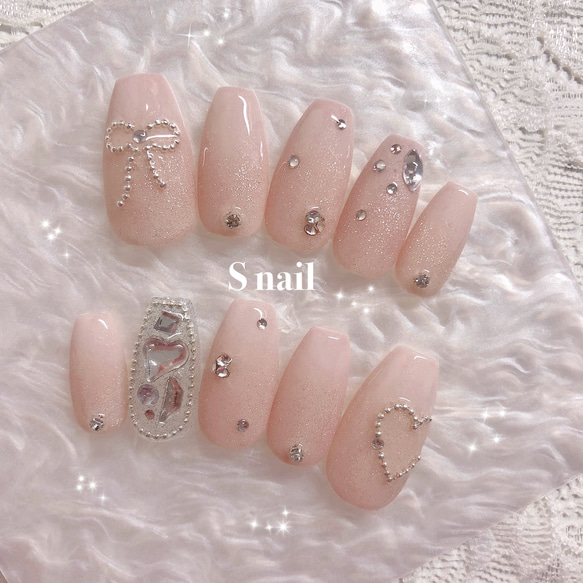 ネイルチップ ピンクベージュ マグネットネイル ホワイト  