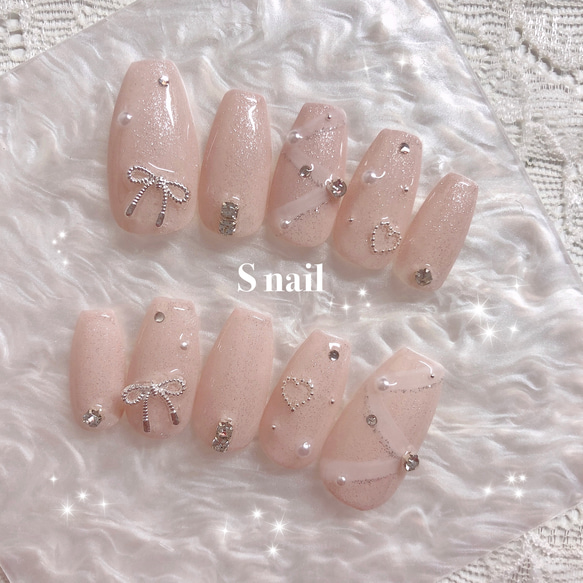 ネイルチップ ピンクベージュ リボン ハート ストーン 韓国 ガーリー  
