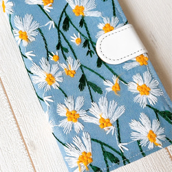 手帳型　風にそよぐマーガレット　ブルー　iPhoneケース 4枚目の画像