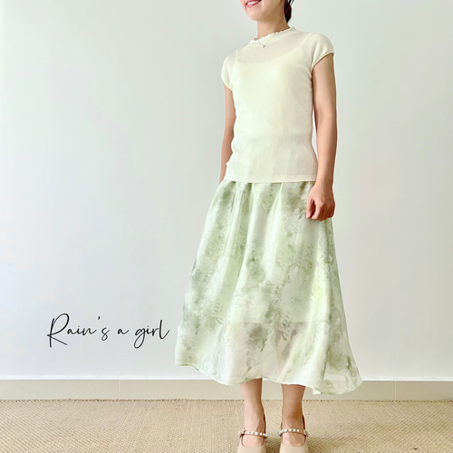 夏の花柄☆透明感のある緑】Aラインスカート│上品な8分丈