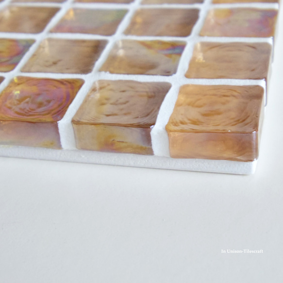 特集掲載☆オレンジ ピンク Slim ガラスモザイクタイルのディスプレイトレイmini（飾り台）【受注制作】 5枚目の画像