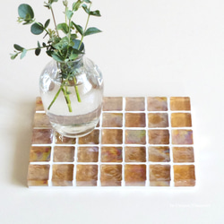 特集掲載☆オレンジ ピンク Slim ガラスモザイクタイルのディスプレイトレイmini（飾り台）【受注制作】 1枚目の画像