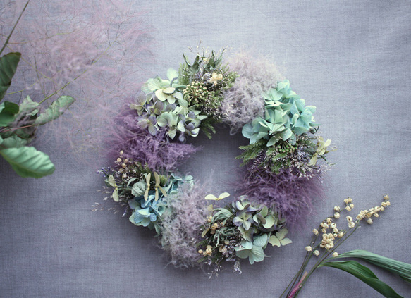 スモークツリーと紫陽花のふんわりリース＊ドライフラワー◎20センチ  