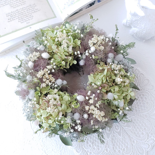紫陽花とスモークツリーのリース ドライフラワー リース 瑠花
