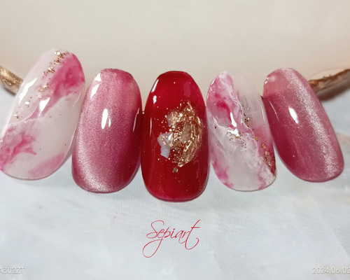 043【7点】【サイズ変更】【1点チップ変更】ピンクマグネット大理石ネイル 043【7点】【サイズ変更】【1点チップ変更】ピンクマグネット