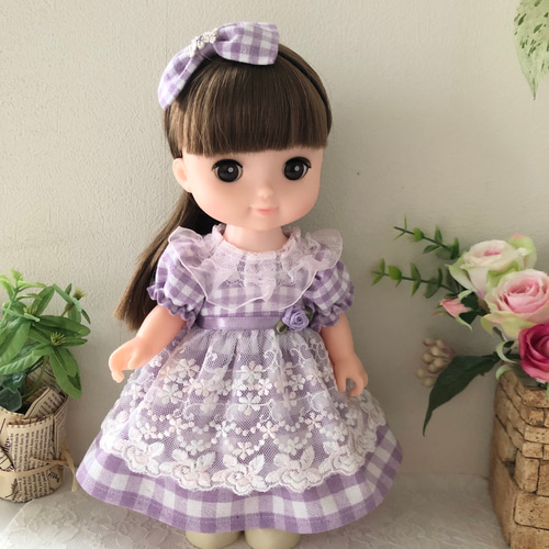薄紫ギンガムチェックワンピース☆26時ドール服 ＊ソランちゃん服 