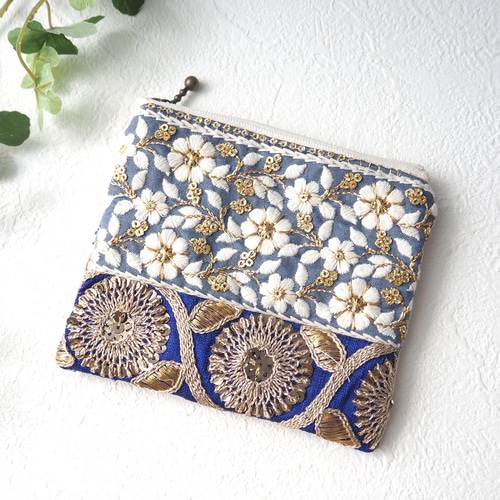 限定1点】インド刺繍リボンとカンタキルトのポーチ ポーチ