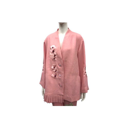 伝統工芸 横振り刺繍 大判刺繍花ノーカラープリーツジャケット パンツ