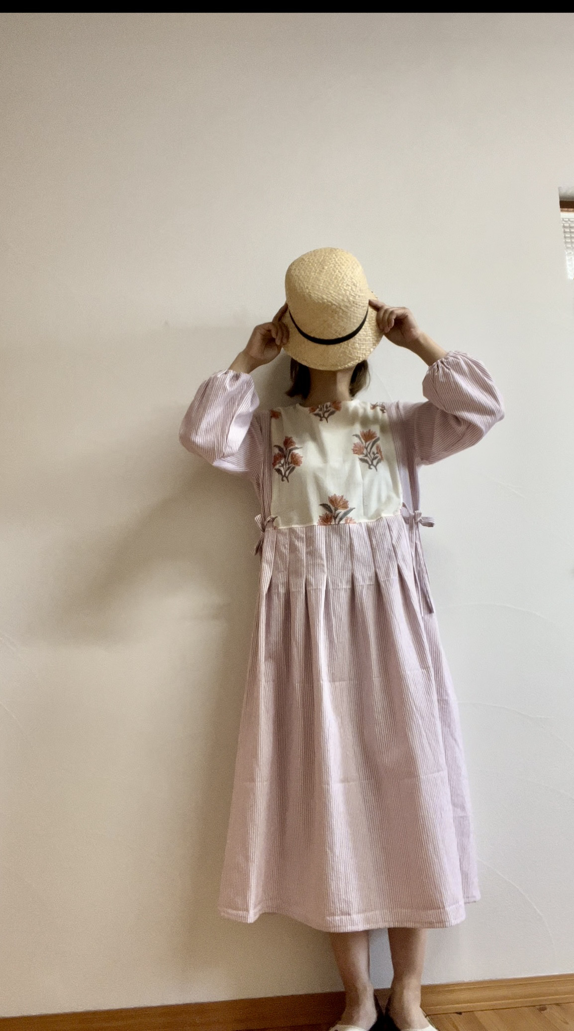 ハンドブロックプリントタックワンピース