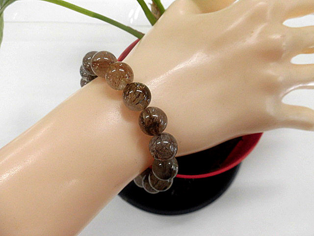 天然石 銅針ルチルクォーツ10.8～11.4mm玉ブレスレット 内周18.5cm 　　240101459